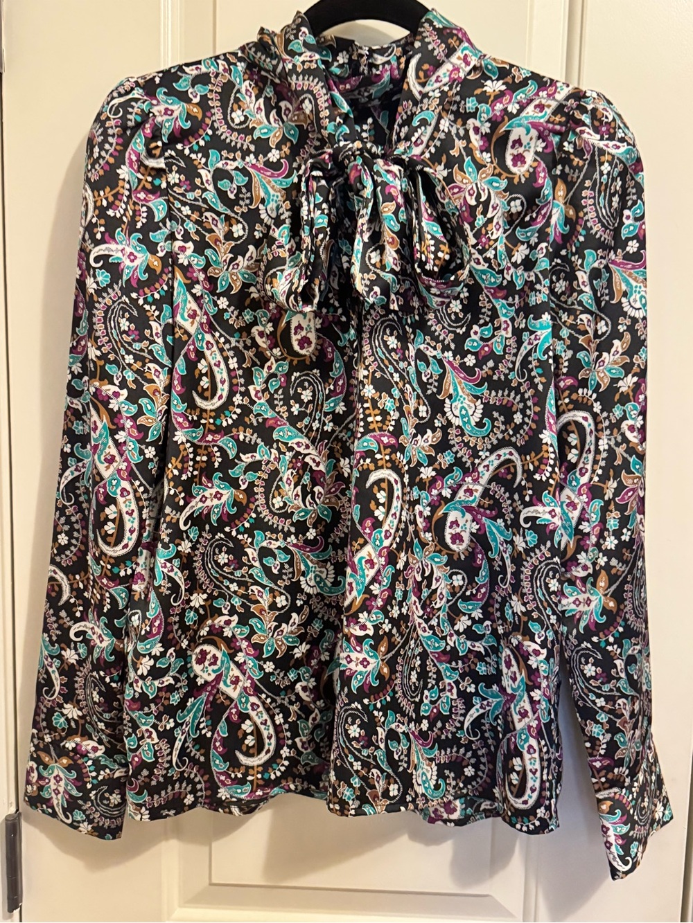 Ann Taylor Black Paisley Tie-Neck Blouse